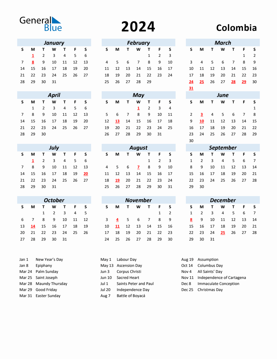 2024 Yearly Calendar for Colombia with Holidays