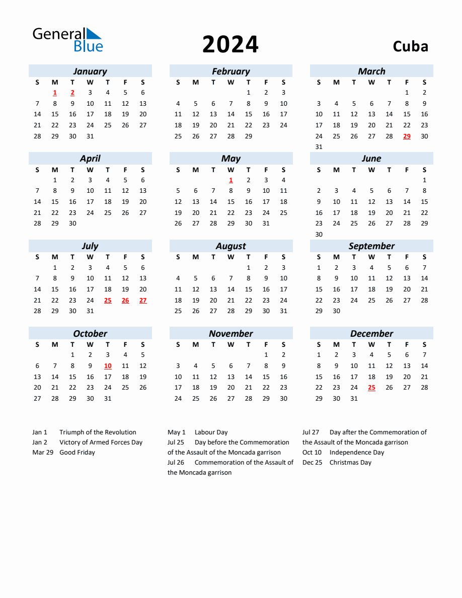 2024 Yearly Calendar for Cuba with Holidays