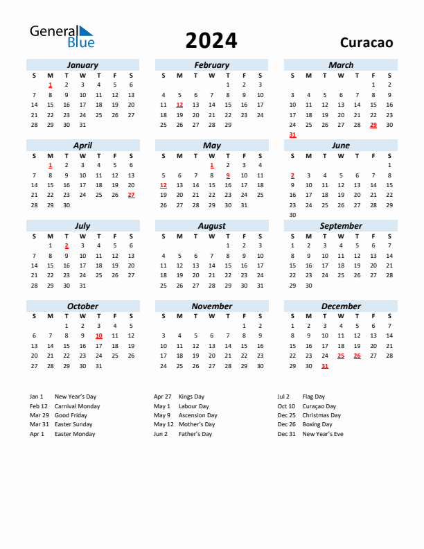 2024 Curacao Calendar with Holidays