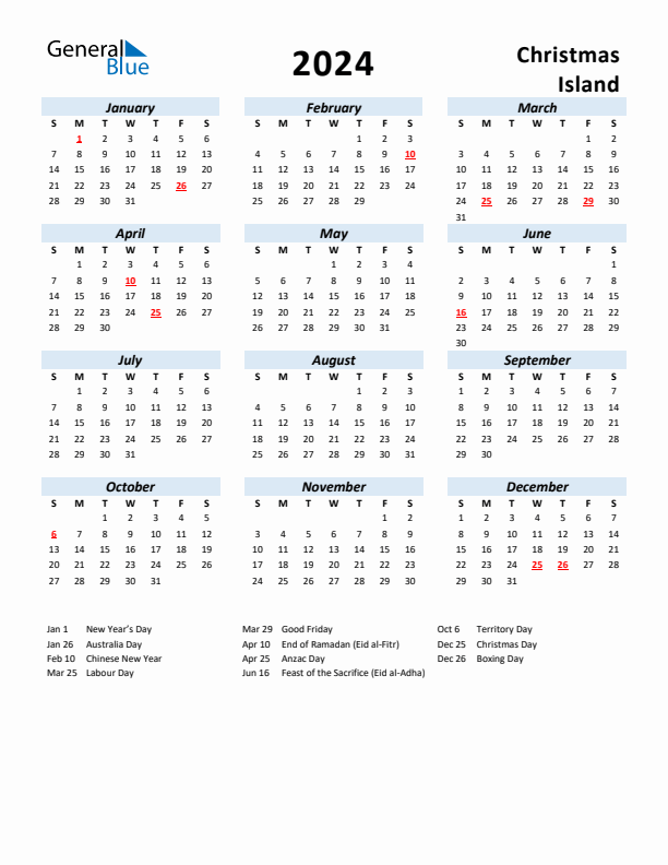 2024 Calendar for Christmas Island with Holidays