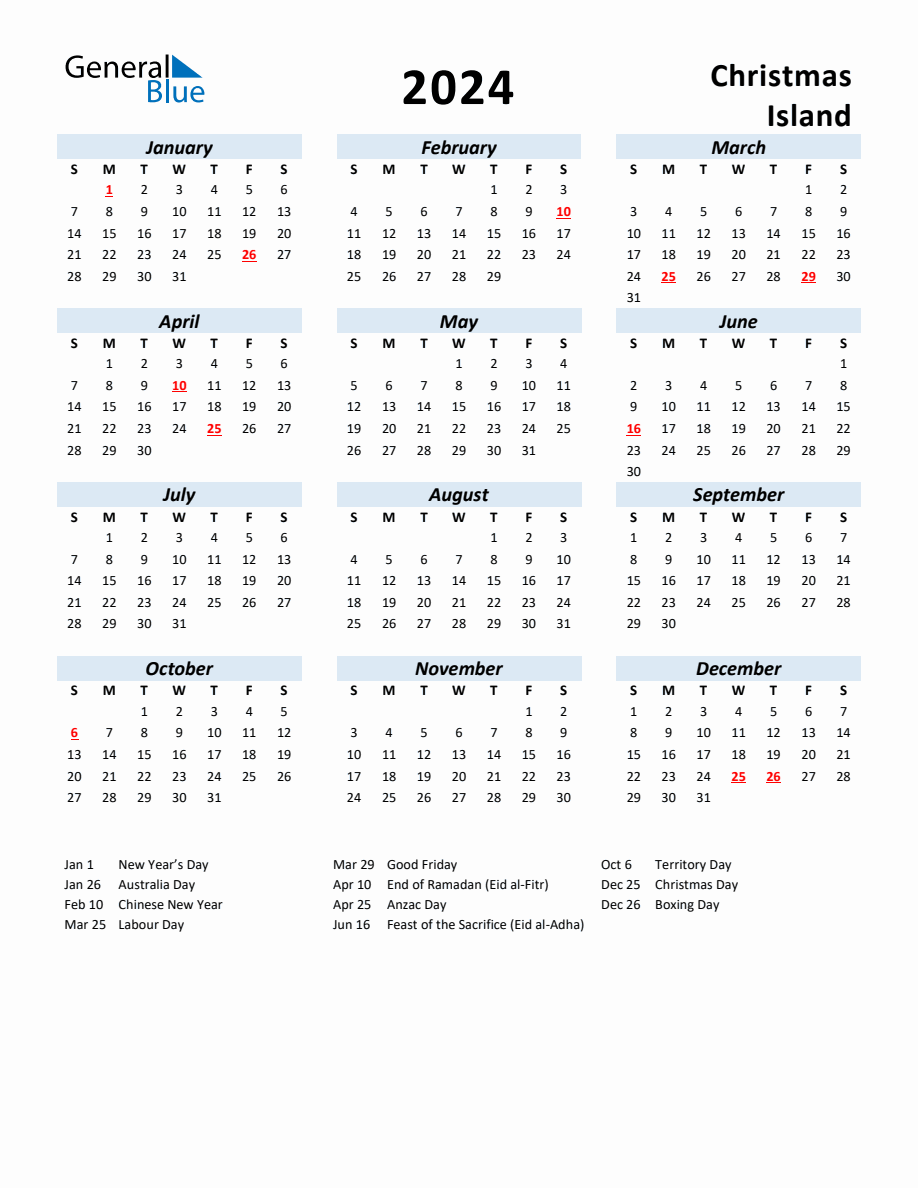 2024 Yearly Calendar for Christmas Island with Holidays