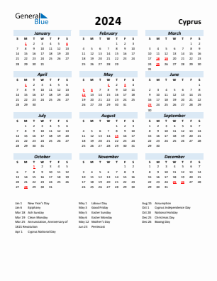 Cyprus current year calendar 2024 with holidays