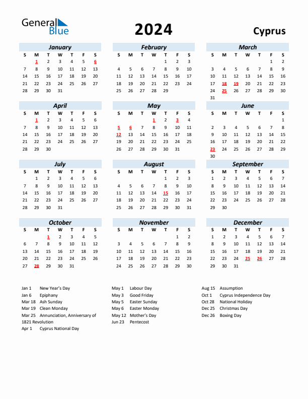 2024 Calendar for Cyprus with Holidays