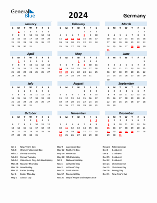 Germany current year calendar 2024 with holidays