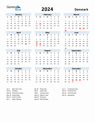 Denmark current year calendar 2024 with holidays