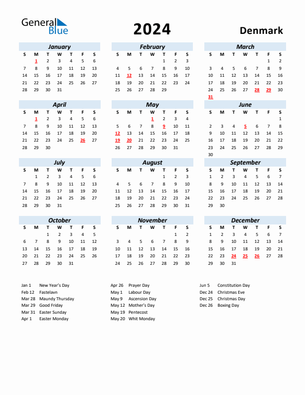 2024 Calendar for Denmark with Holidays