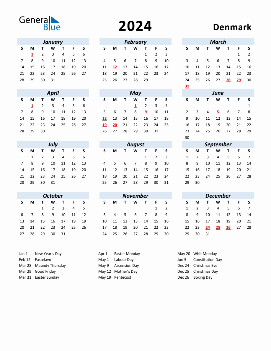 2024 Yearly Calendar for Denmark with Holidays