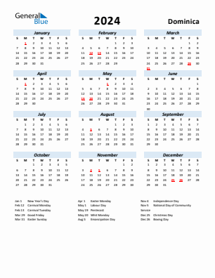 Dominica current year calendar 2024 with holidays
