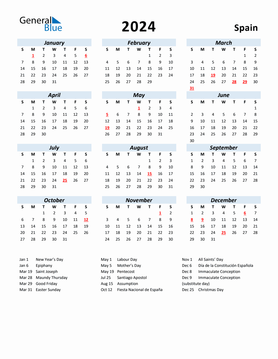 2024 Yearly Calendar for Spain with Holidays
