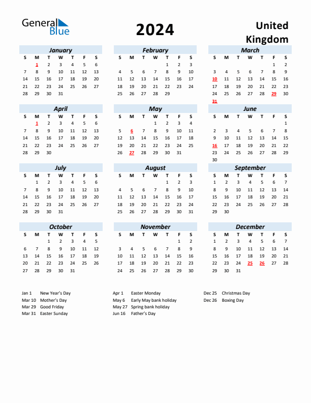 2024 United Kingdom Calendar with Holidays