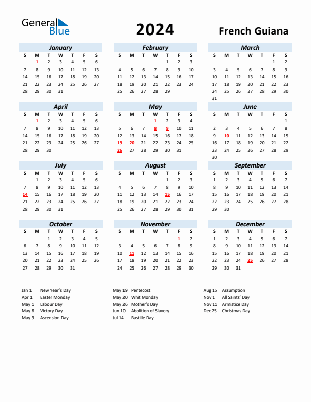 2024 Calendar for French Guiana with Holidays