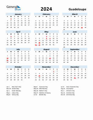 Guadeloupe current year calendar 2024 with holidays