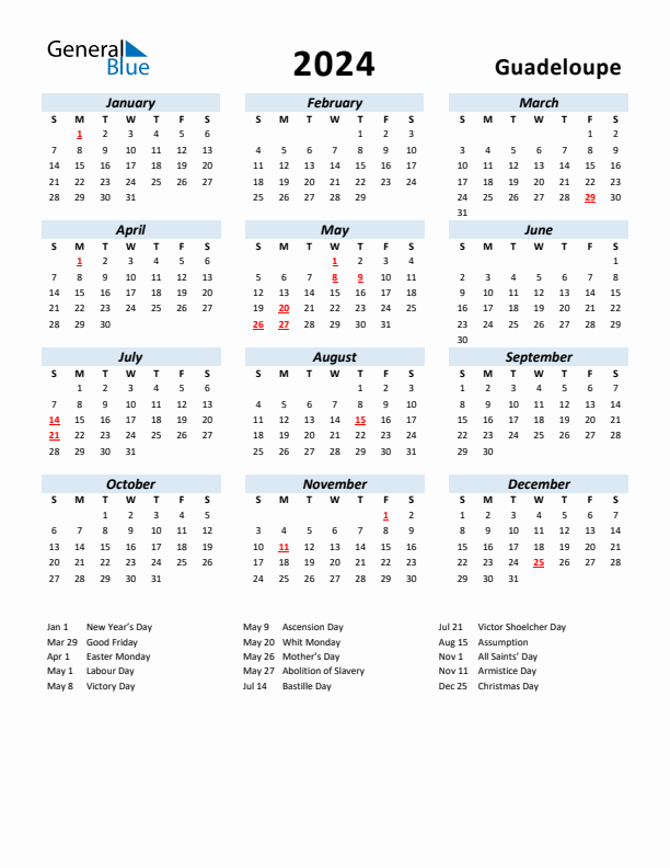 2024 Calendar for Guadeloupe with Holidays