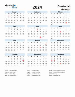 Equatorial Guinea current year calendar 2024 with holidays