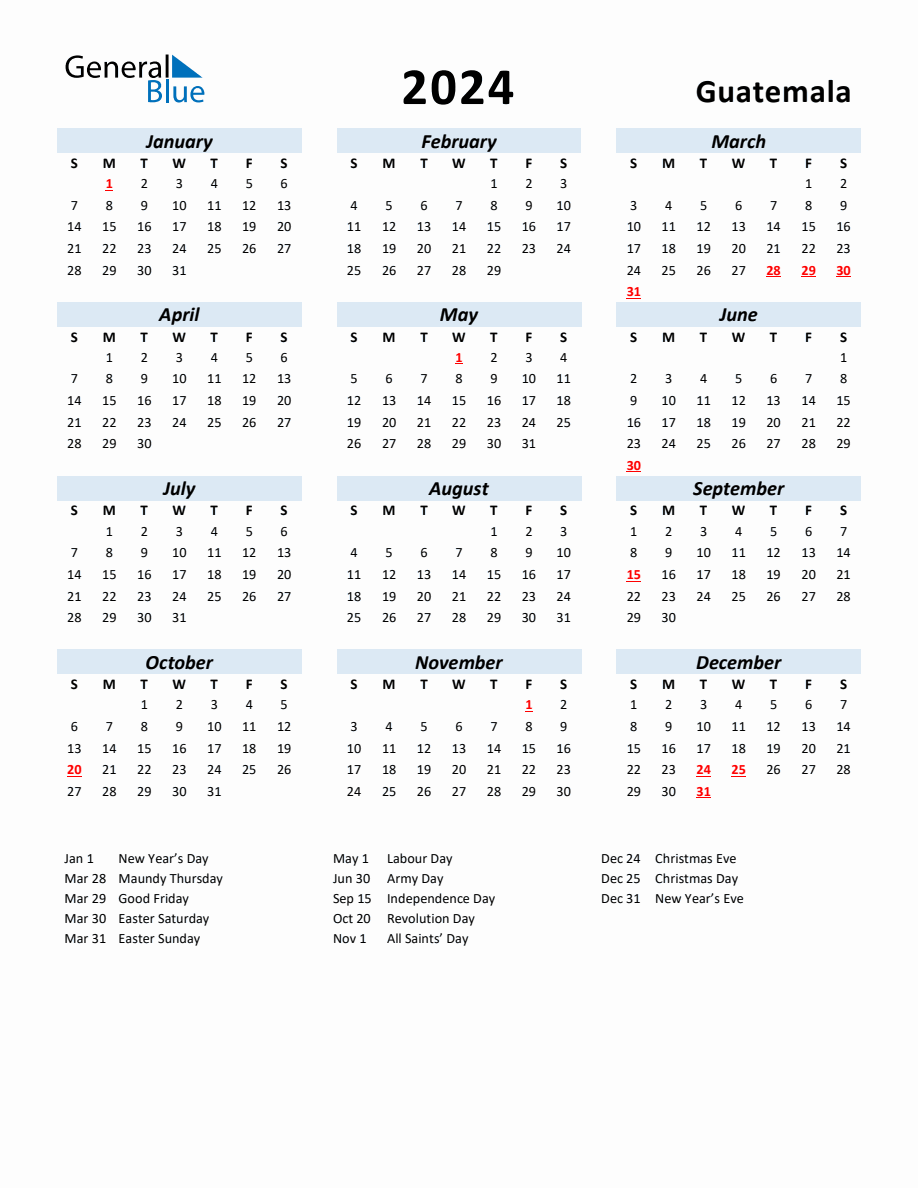 2024 Yearly Calendar for Guatemala with Holidays