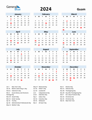 Guam current year calendar 2024 with holidays
