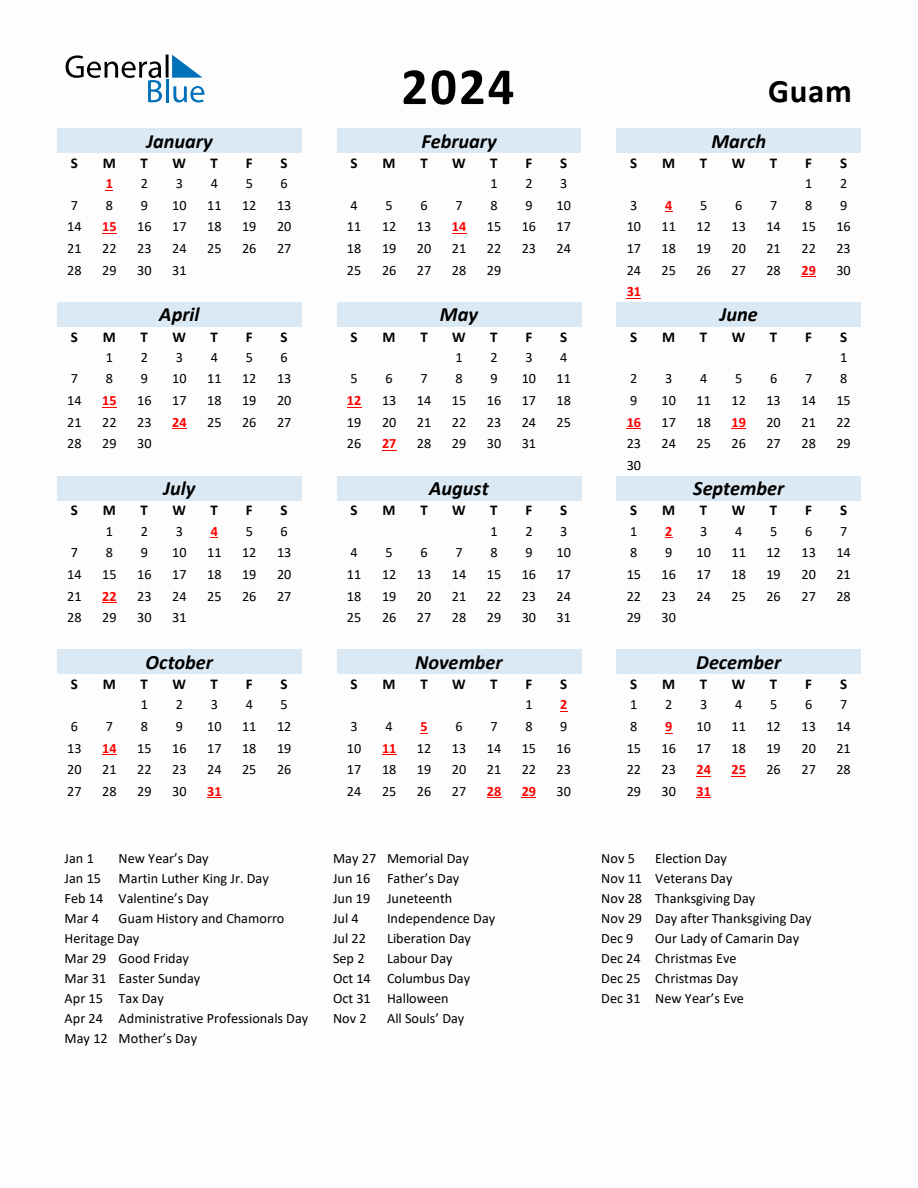 2024 Yearly Calendar for Guam with Holidays