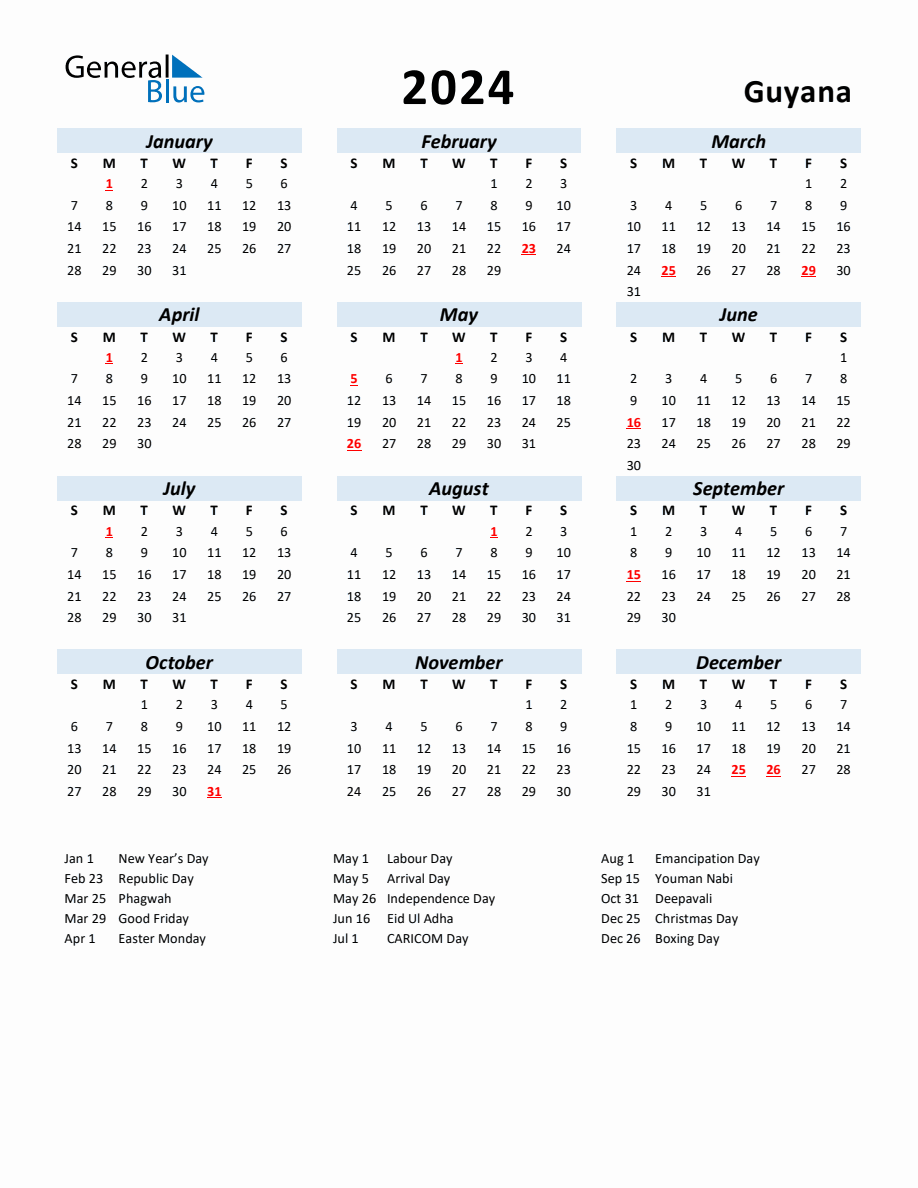 2024 Yearly Calendar for Guyana with Holidays