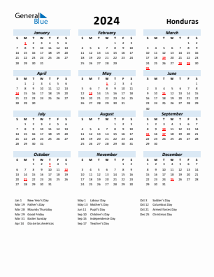 Honduras current year calendar 2024 with holidays