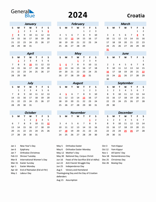 2024 Calendar for Croatia with Holidays