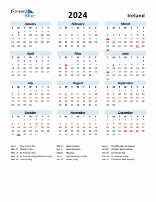 Ireland current year calendar 2024 with holidays