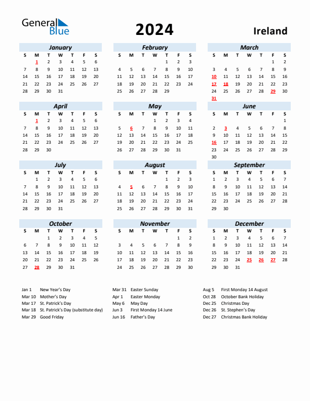 2024 Calendar for Ireland with Holidays