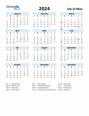 Isle of Man current year calendar 2024 with holidays