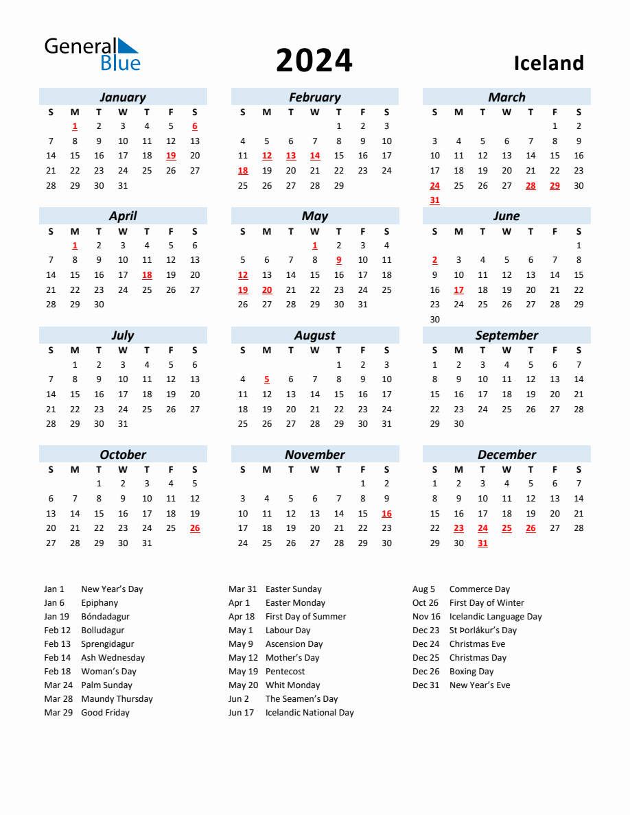 2024 Yearly Calendar for Iceland with Holidays