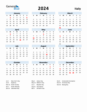 Italy current year calendar 2024 with holidays