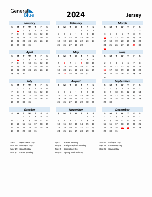 Jersey current year calendar 2024 with holidays