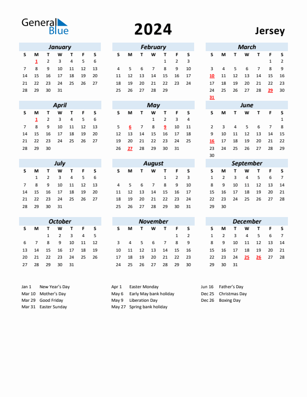 2024 Calendar for Jersey with Holidays