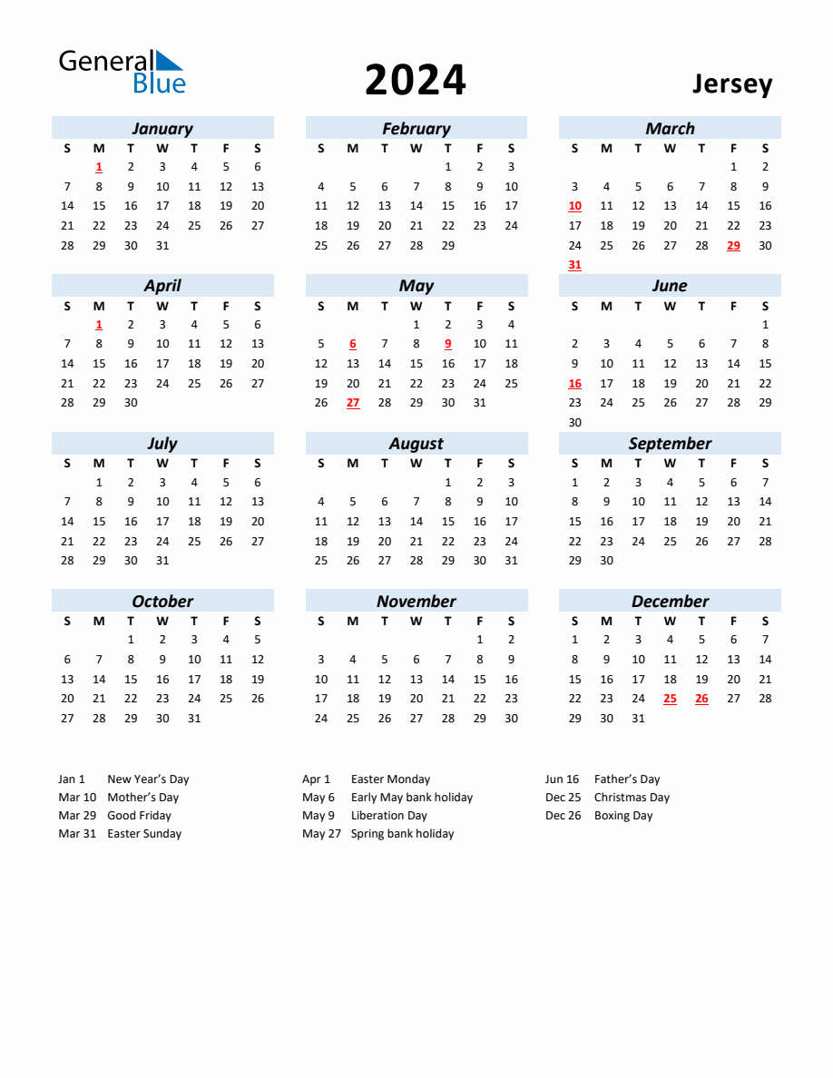 2024 Yearly Calendar for Jersey with Holidays