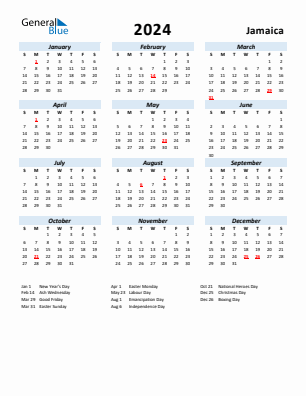 Jamaica current year calendar 2024 with holidays