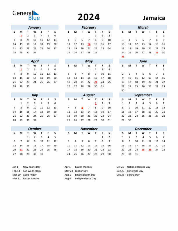 2024 Calendar for Jamaica with Holidays