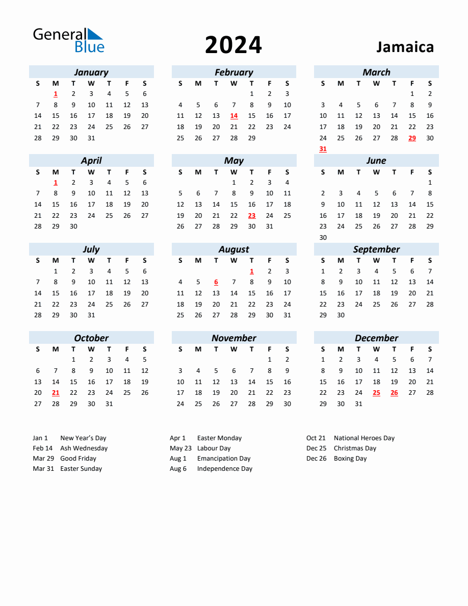 2024 Yearly Calendar for Jamaica with Holidays