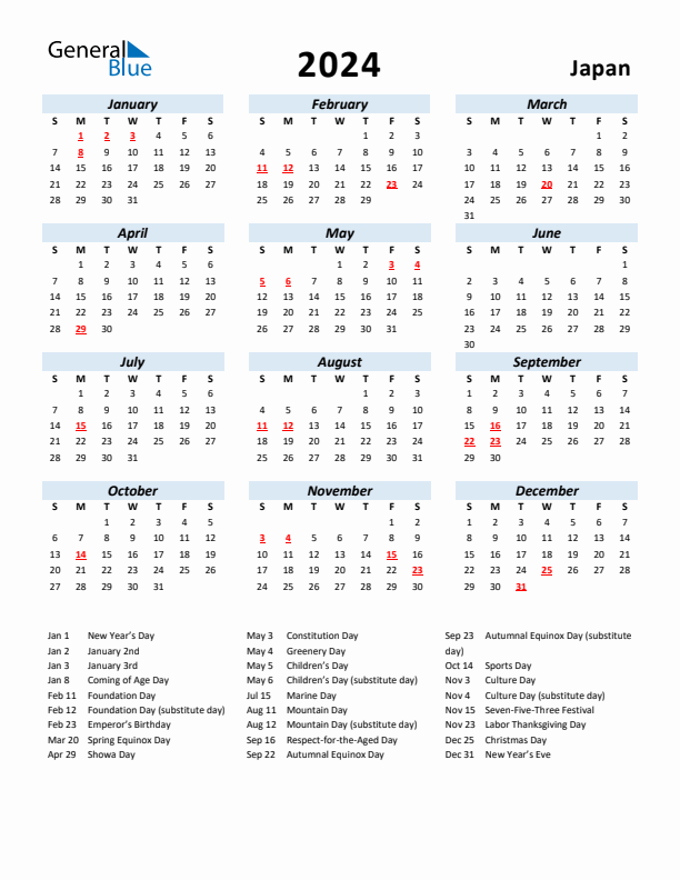 2024 Calendar for Japan with Holidays