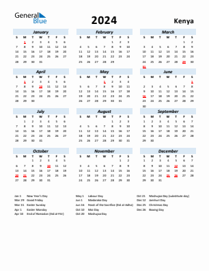 Kenya current year calendar 2024 with holidays