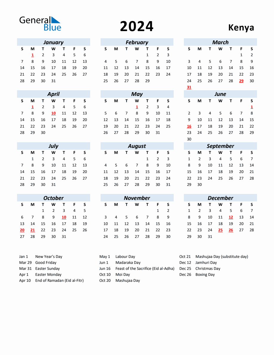 2024 Yearly Calendar for Kenya with Holidays