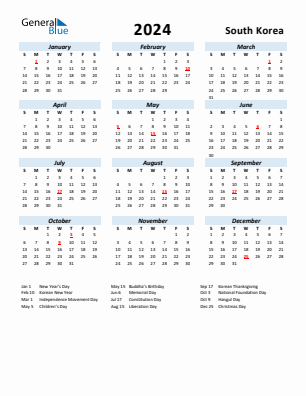 South Korea current year calendar 2024 with holidays