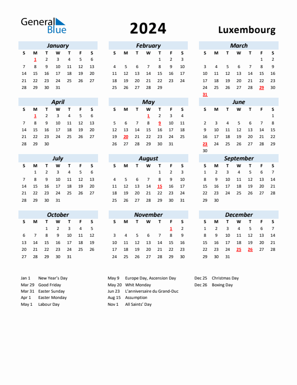 2024 Calendar for Luxembourg with Holidays