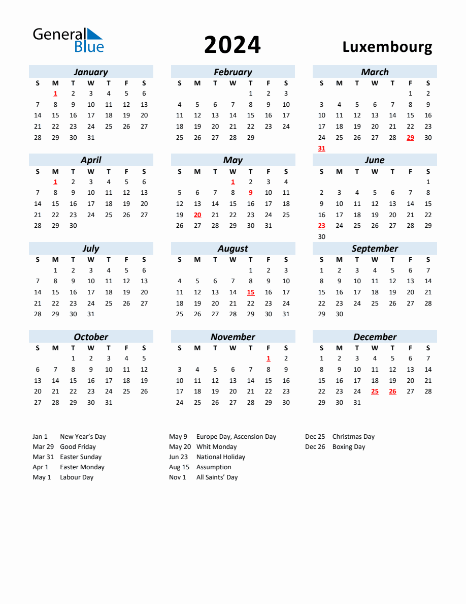 2024 Yearly Calendar for Luxembourg with Holidays