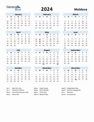 Moldova current year calendar 2024 with holidays
