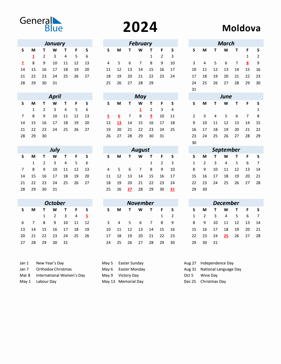 2024 Yearly Calendar for Moldova with Holidays