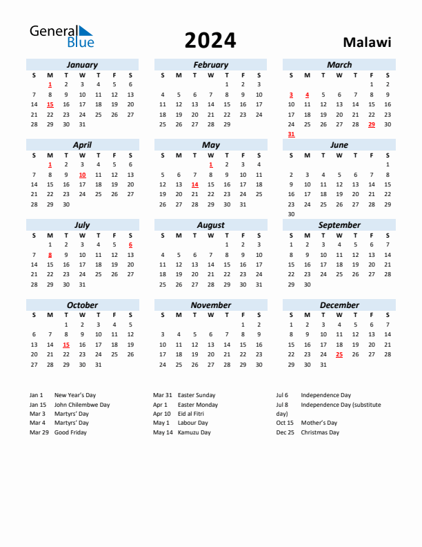 2024 Calendar for Malawi with Holidays