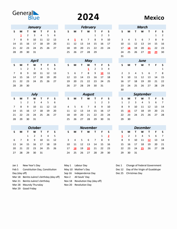 2024 Calendar for Mexico with Holidays