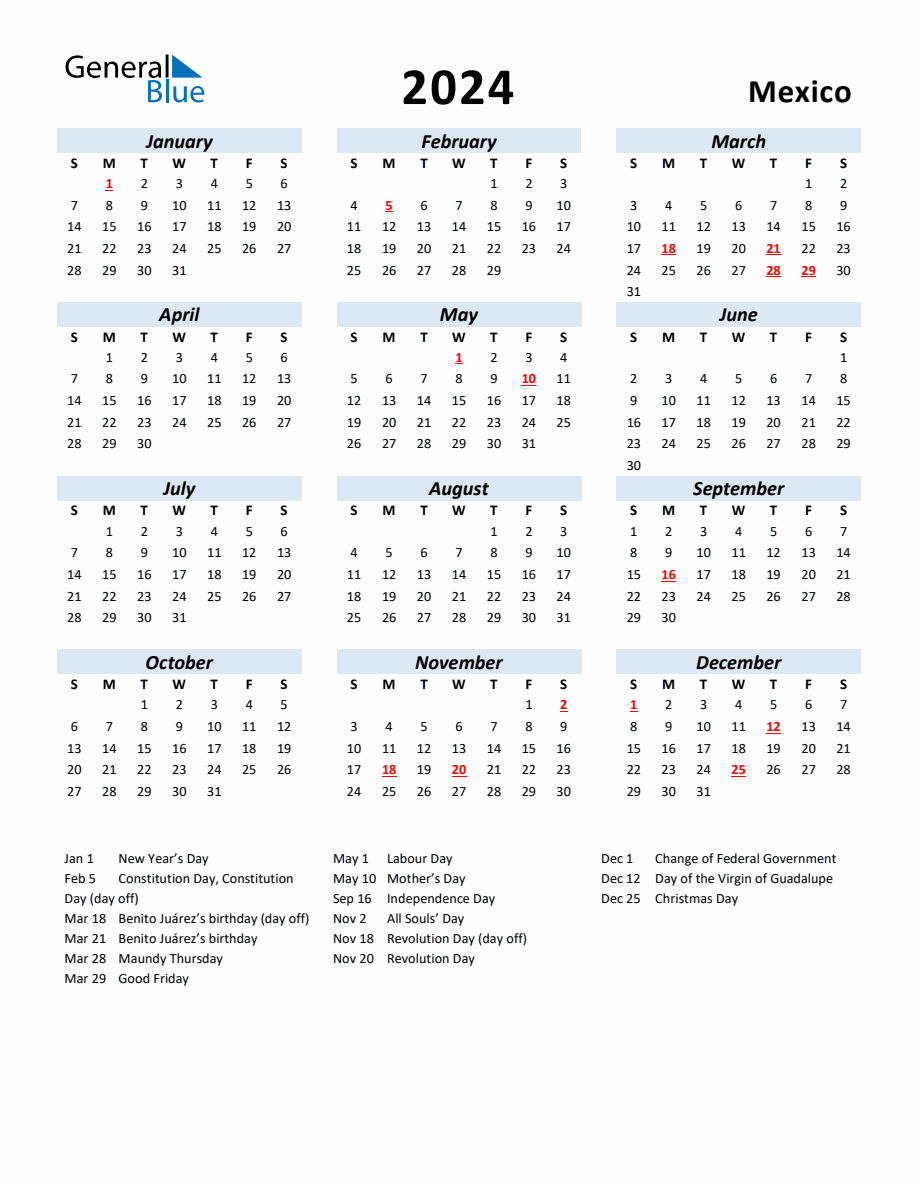 2024 Yearly Calendar for Mexico with Holidays