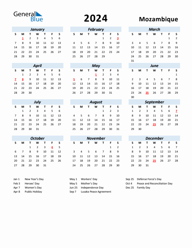 2024 Calendar for Mozambique with Holidays
