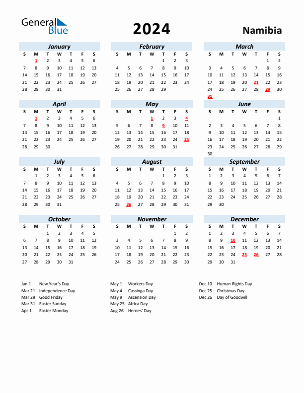 2024 Calendar for Namibia with Holidays