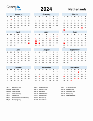 The Netherlands current year calendar 2024 with holidays