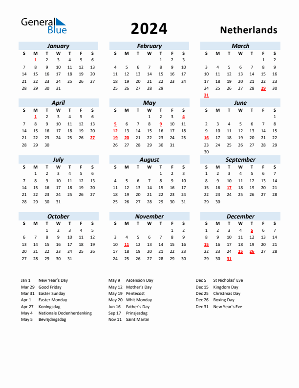 2024 Calendar for Netherlands with Holidays